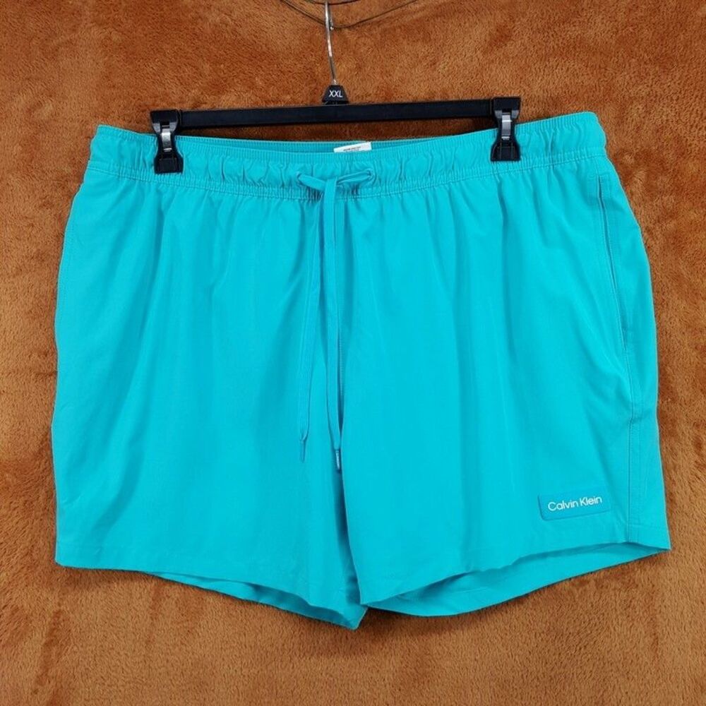 CALVIN KLEIN Swim Trunks XXL Solid Aqua Blue Drawstring Shorts Swimwear